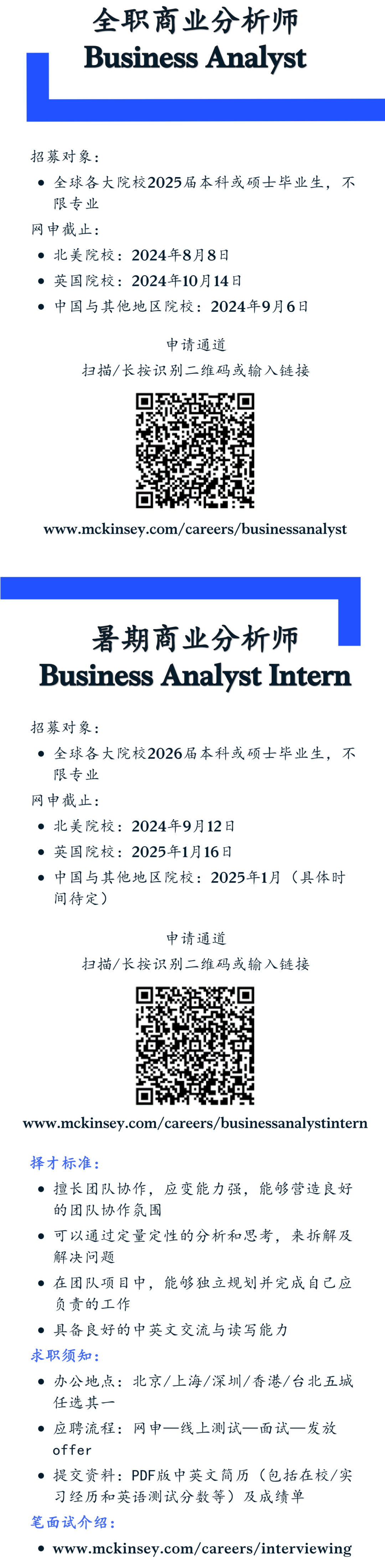 <p>全职商业分析师<br/>Business Analyst</p>
<p>招募对象:</p>
<p>●全球各大院校2025届本科或硕士毕业生，不<br/>限专业</p>
<p>网申截止:</p>
<p>●北美院校:2024年8月8日</p>
<p>●英国院校:2024年10月14日</p>
<p>●中国与其他地区院校:2024年9月6日</p>
<p>申请通道</p>
<p>扫描/长按识别二维码或输入链接</p>
<p>www.mckinsey.com/careers/businessanalyst</p>
<p>暑期商业分析师</p>
<p>Business Analyst Intern</p>
<p>招募对象:</p>
<p>●全球各大院校2026届本科或硕士毕业生，不<br/>限专业</p>
<p>网申截止:</p>
<p>北美院校:2024年9月12日</p>
<p>●英国院校:2025年1月16日</p>
<p>●中国与其他地区院校:2025年1月(具体时<br/>间待定)</p>
<p>申请通道</p>
<p>扫描/长按识别二维码或输入链接</p>
<p>www.mckinsey.com/careers/businessanalystintern</p>
<p>择才标准:</p>
<p>擅长团队协作，应变能力强，能够营造良好<br/>的团队协作氛围</p>
<p>可以通过定量定性的分析和思考，来拆解及<br/>解决问题</p>
<p>在团队项目中，能够独立规划并完成自己应<br/>负责的工作</p>
<p>具备良好的中英文交流与读写能力</p>
<p>求职须知:</p>
<p>办公地点:北京/上海/深圳/香港/台北五城<br/>任选其一</p>
<p>●应聘流程:网申-线上测试一面试一发放<br/>offer</p>
<p>●提交资料:PDF版中英文简历(包括在校/实<br/>习经历和英语测试分数等)及成绩单</p>
<p>笔面试介绍:</p>
<p>www.mckinsey.com/careers/interviewing</p>
