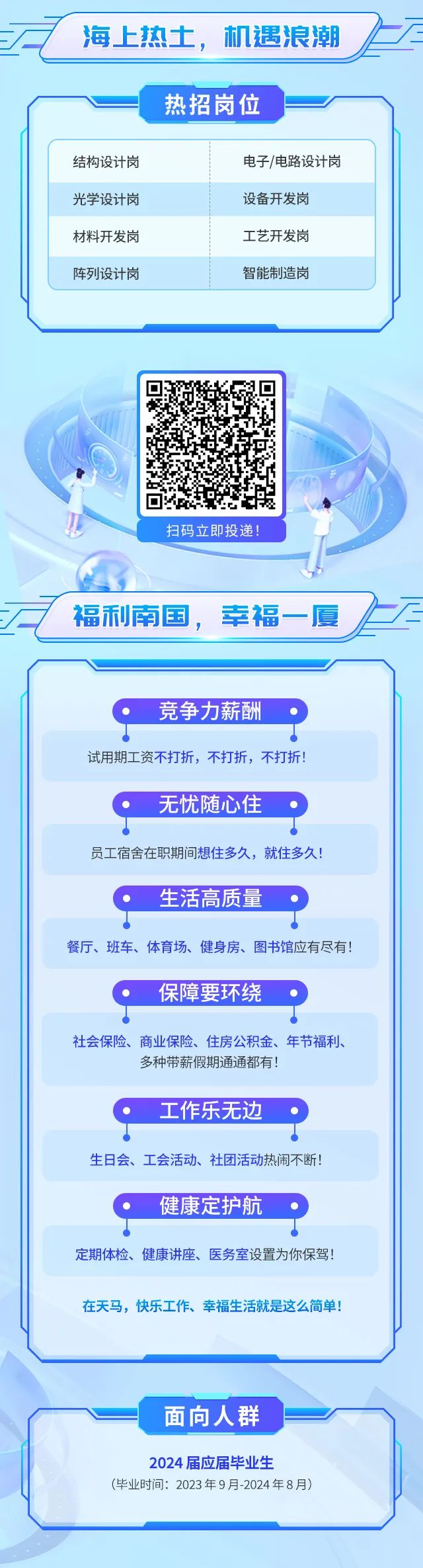 
<table>
<tr><td colspan="4">A海上热土 机遇浪潮2A</td>
</tr>
<tr><td colspan="4">热招岗位</td>
</tr>
<tr><td colspan="2">结构设计岗</td>
<td colspan="2">电子/电路设计岗</td>
</tr>
<tr><td colspan="2">光学设计岗</td>
<td colspan="2">设备开发岗</td>
</tr>
<tr><td colspan="2">材料开发岗</td>
<td colspan="2">工艺开发岗</td>
</tr>
<tr><td colspan="2">阵列设计岗</td>
<td colspan="2">智能制造岗</td>
</tr>
<tr><td colspan="4"></td>
</tr>
<tr><td colspan="4"></td>
</tr>
<tr><td>C</td>
<td colspan="2">回5</td>
<td>.</td>
</tr>
<tr><td colspan="4">儿 扫码立即投递!.</td>
</tr>
<tr><td colspan="4">福利南国, 幸福一厦E</td>
</tr>
<tr><td colspan="4"></td>
</tr>
<tr><td colspan="4">竞争力薪酬试用期工资不打折,不打折,不打折!</td>
</tr>
<tr><td colspan="4">无忧随心住员工宿舍在职期间想住多久,就住多久!生活高质量餐厅、班车、体育场、健身房、图书馆应有尽有!保障要环绕社会保险、商业保险、住房公积金、年节福利、多种带薪假期通通都有!工作乐无边生日会、工会活动、社团活动热闹不断健康定护航定期体检、健康讲座、医务室设置为你保驾!</td>
</tr>
<tr><td colspan="4">在天马,快乐工作、幸福生活就是这么简单!</td>
</tr>
<tr><td colspan="4">面向人群2024届应届毕业生(毕业时间: 2023年9月-2024年8月)</td>
</tr>
</table>
