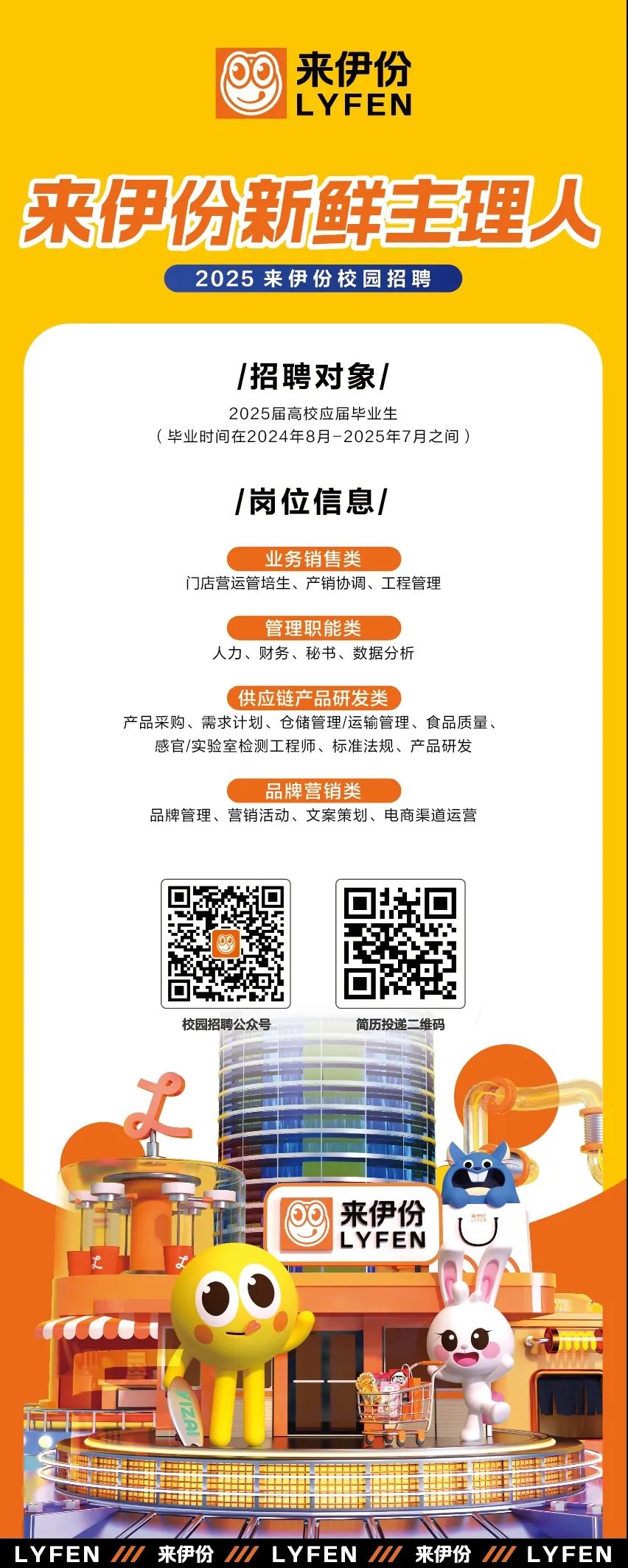 <p>来伊份<br/>LYFEN</p>
<p>来伊份新鲜主理人</p>
<p>2025来伊份校园招聘</p>
<p>/招聘对象/<br/>2025届高校应届毕业生</p>
<p>(毕业时间在2024年8月-2025年7月之间)</p>
<p>/岗位信息/</p>
<p>业务销售类</p>
<p>门店营运管培生、产销协调、工程管理</p>
<p>管理职能类</p>
<p>人力、财务、秘书、数据分析</p>
<p>供应链产品研发类</p>
<p>产品采购、需求计划、仓储管理/运输管理、食品质量、</p>
<p>感官/实验室检测工程师、标准法规、产品研发</p>
<p>品牌营销类</p>
<p>品牌管理、营销活动、文案策划、电商渠道运营</p>
<p>校园招聘公众</p>
<p>维码</p>
<p>来伊份<br/>LYFEN</p>
<p>LYFEN ///来伊份// LYFEN /来伊份/ LYFEN</p>

