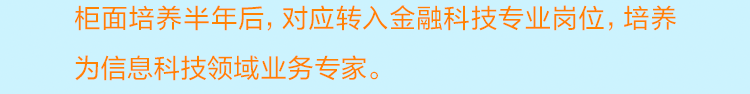 <p>柜面培养半年后，对应转入金融科技专业岗位，培养<br/>为信息科技领域业务专家。</p>
