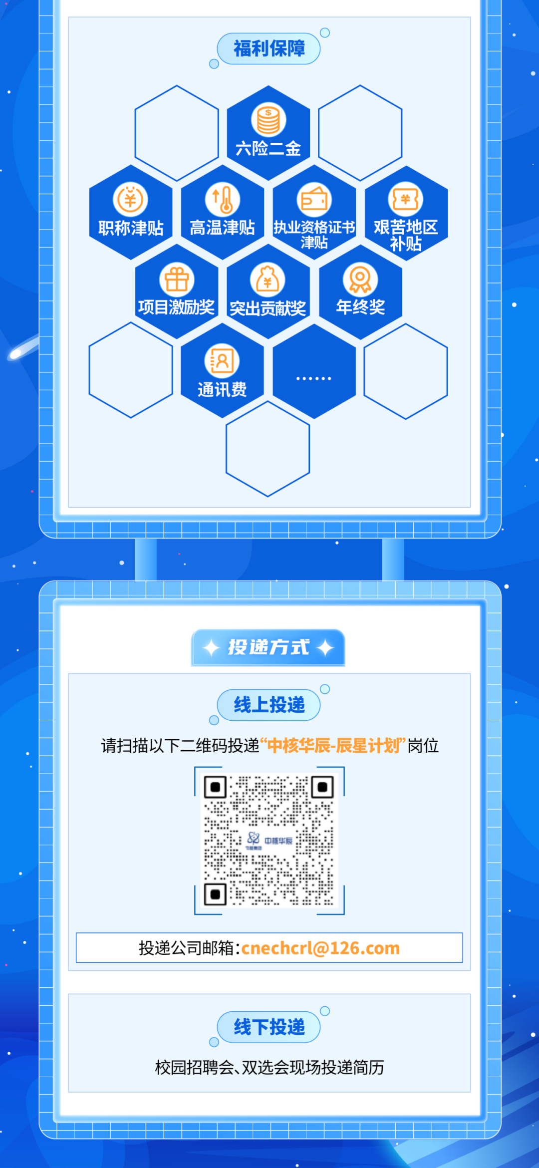 <p>福利保障</p>
<p>六险二金</p>
<p>职称津贴</p>
<p>高温津贴</p>
<p>执业资格证书</p>
<p>艰苦地区</p>
<p>津贴</p>
<p>补贴</p>
<p>项目激励奖突出贡献奖</p>
<p>年终奖</p>
<p>通讯费</p>
<p>投递方式</p>
<p>线上投递</p>
<p>请扫描以下二维码投递“中核华辰-辰星计划”岗位</p>
<p>投递公司邮箱:cnechcrl@126.com</p>
<p>线下投递</p>
<p>校园招聘会、双选会现场投递简历</p>
