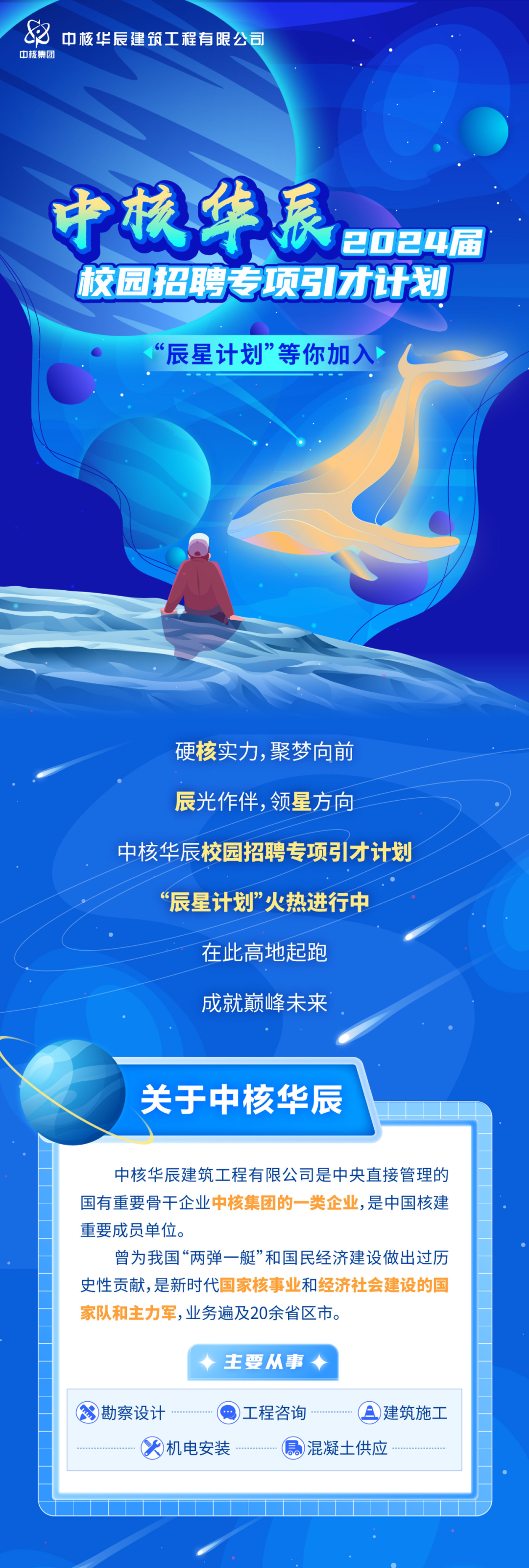 <p>幼<br/>巾核华辰建符工程有限公司<br/>中核集团</p>
<p>中校华辰<br/>2024届<br/>校园招聘专项引才计划<br/>“辰星计划”等你加入</p>
<p>硬核实力,聚梦向前<br/>辰光作伴，领星方向</p>
<p>中核华辰校园招聘专项引才计划<br/>“辰星计划”火热进行中</p>
<p>在此高地起跑</p>
<p>成就巅峰未来</p>
<p>关于中核华辰</p>
<p>中核华辰建筑工程有限公司是中央直接管理的<br/>国有重要骨干企业中核集团的一类企业,是中国核建<br/>重要成员单位。</p>
<p>曾为我国“两弹一艇”和国民经济建设做出过历<br/>史性贡献,是新时代国家核事业和经济社会建设的国<br/>家队和主力军,业务遍及20余省区市。</p>
<p>主要从事</p>
<p>3勘察设计</p>
<p>工程咨询</p>
<p>)建筑施工</p>
<p>)机电安装</p>
<p>混凝土供应</p>
