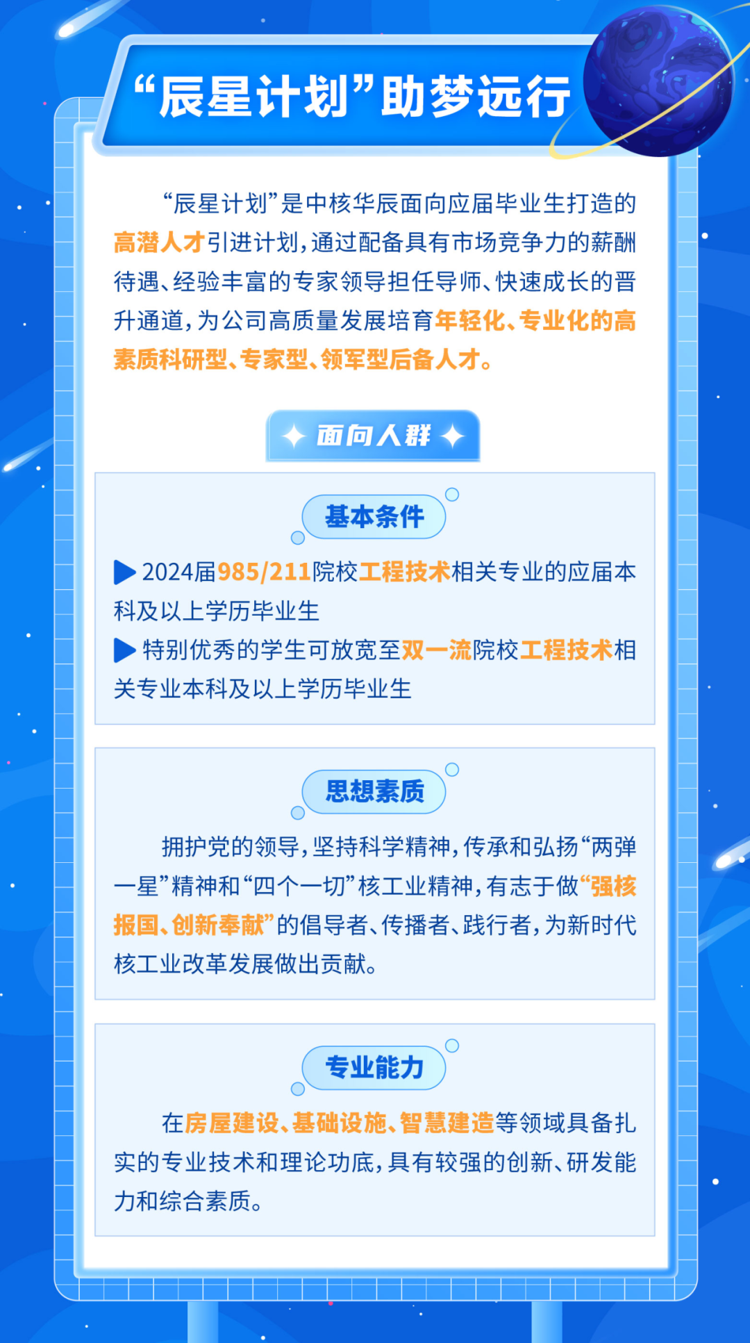 <p>“辰星计划”助梦远行</p>
<p>“辰星计划”是中核华辰面向应届毕业生打造的<br/>高潜人才引进计划,通过配备具有市场竞争力的薪酬<br/>待遇、经验丰富的专家领导担任导师、快速成长的晋<br/>升通道,为公司高质量发展培育年轻化、专业化的高<br/>素质科研型、专家型、领军型后备人才。</p>
<p>面向人群</p>
<p>基本条件</p>
<p>2024届985/211院校工程技术相关专业的应届本<br/>科及以上学历毕业生</p>
<p>特别优秀的学生可放宽至双一流院校工程技术相<br/>关专业本科及以上学历毕业生</p>
<p>思想素质</p>
<p>拥护党的领导，坚持科学精神，传承和弘扬“两弹<br/>一星”精神和“四个一切”核工业精神,有志于做“强核<br/>报国、创新奉献”的倡导者、传播者、践行者，为新时代<br/>核工业改革发展做出贡献。</p>
<p>专业能力</p>
<p>在房屋建设、基础设施、智慧建造等领域具备扎<br/>实的专业技术和理论功底，具有较强的创新、研发能<br/>力和综合素质</p>
