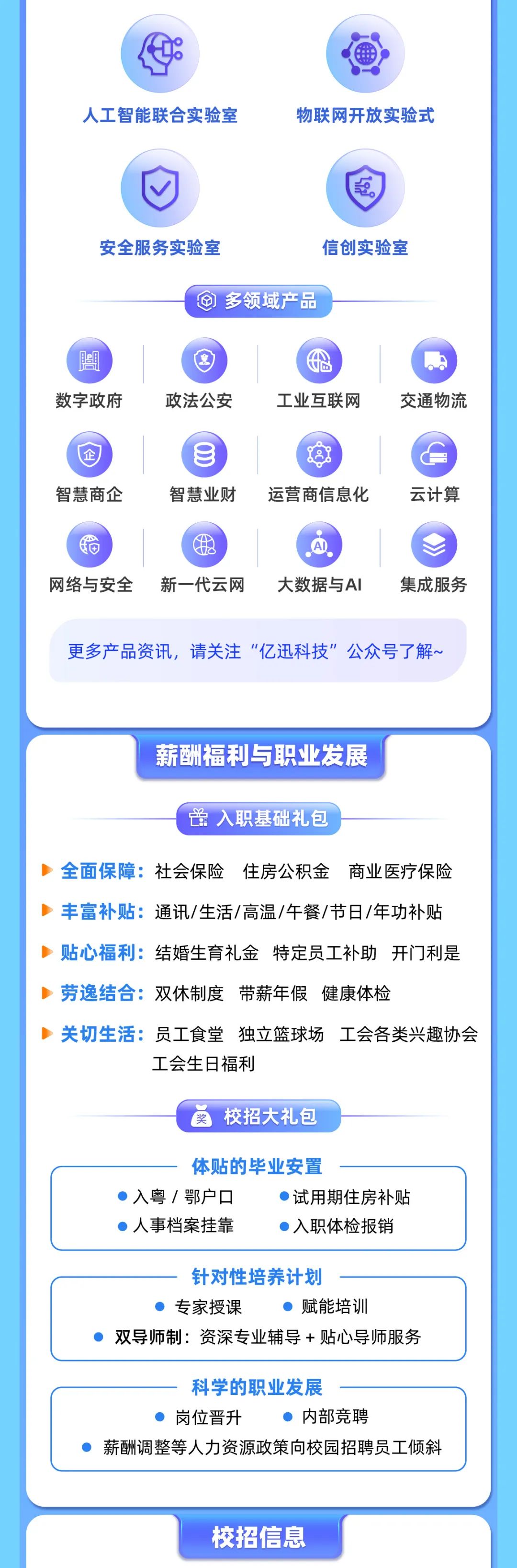 <p> </p>
<p>人工智能联合实验室</p>
<p>物联网开放实验式</p>
<p>安全服务实验室</p>
<p>信创实验室</p>
<p>向 多领域产品</p>
<p>数字政府</p>
<p>政法公安</p>
<p>工业互联网</p>
<p>交通物流</p>
<p>智慧商企</p>
<p>智慧业财</p>
<p>运营商信息化</p>
<p>云计算</p>
<p>网络与安全</p>
<p>新一代云网</p>
<p>大数据与AI</p>
<p>集成服务</p>
<p>更多产品资讯，请关注“亿迅科技”公众号了解~</p>
<p>薪酬福利与职业发展</p>
<p>单入职基础礼包</p>
<p>全面保障:社会保险住房公积金商业医疗保险<br/>丰富补贴:通讯/生活/高温/午餐/节日/年功补贴</p>
<p>贴心福利:结婚生育礼金特定员工补助开门利是<br/>劳逸结合:双休制度带薪年假健康体检</p>
<p>关切生活:员工食堂独立篮球场工会各类兴趣协会</p>
<p>工会生日福利</p>
<p>校招大礼包</p>
<p>体贴的毕业安置</p>
<p>入粤/鄂户口</p>
<p>●试用期住房补贴</p>
<p>●人事档案挂靠</p>
<p>●入职体检报销</p>
<p>针对性培养计划</p>
<p>专家授课<br/>赋能培训</p>
<p>双导师制:资深专业辅导+贴心导师服务</p>
<p>科学的职业发展</p>
<p>岗位晋升</p>
<p>内部竞聘</p>
<p>薪酬调整等人力资源政策向校园招聘员工倾斜</p>
<p>校招信息</p>
