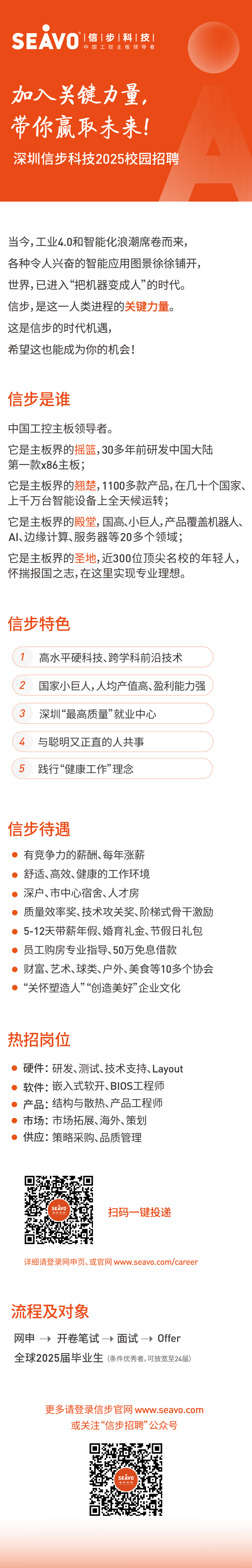 <p>SEAVO|信|步科技</p>
<p>中国工控主板领导者</p>
<p>加入关键力量，<br/>带你赢取未来!<br/>深圳信步科技2025校园招聘</p>
<p>当今,工业4.0和智能化浪潮席卷而来，<br/>各种令人兴奋的智能应用图景徐徐铺开，<br/>世界,已进入&ldquo;把机器变成人&rdquo;的时代。<br/>信步,是这一人类进程的关键力量。<br/>这是信步的时代机遇，</p>
<p>希望这也能成为你的机会!</p>
<p>信步是谁</p>
<p>中国工控主板领导者。</p>
<p>它是主板界的摇篮,30多年前研发中国大陆<br/>第一款x86主板;</p>
<p>它是主板界的翘楚,1100多款产品,在几十个国家、<br/>上千万台智能设备上全天候运转;</p>
<p>它是主板界的殿堂,国高、小巨人,产品覆盖机器人、<br/>AI、边缘计算、服务器等20多个领域;</p>
<p>它是主板界的圣地,近300位顶尖名校的年轻人，<br/>怀揣报国之志,在这里实现专业理想。</p>
<p>信步特色</p>
<p>高水平硬科技、跨学科前沿技术</p>
<p>2国家小巨人,人均产值高、盈利能力强<br/>3深圳&ldquo;最高质量&rdquo;就业中心</p>
<p>4</p>
<p>与聪明又正直的人共事</p>
<p>50</p>
<p>践行&ldquo;健康工作&rdquo;理念</p>
<p>信步待遇</p>
<p>有竞争力的薪酬、每年涨薪</p>
<p>舒适、高效、健康的工作环境</p>
<p>深户、市中心宿舍、人才房</p>
<p>质量效率奖、技术攻关奖、阶梯式骨干激励<br/>5-12天带薪年假、婚育礼金、节假日礼包<br/>员工购房专业指导、50万免息借款</p>
<p>财富、艺术、球类、户外、美食等10多个协会<br/>&ldquo;关怀塑造人&rdquo;&ldquo;创造美好&rdquo;企业文化</p>
<p>热招岗位</p>
<p>硬件:研发、测试、技术支持、Layout<br/>软件:嵌入式软开、BI0S工程师<br/>产品:结构与散热、产品工程师<br/>市场:市场拓展、海外、策划<br/>供应:策略采购、品质管理</p>
<p>SEAVO</p>
<p>扫码一键投递</p>
<p>详细请登录网申页、或官网www.seavo.com/career</p>
<p>流程及对象</p>
<p>网申开卷笔试一面试Offer<br/>全球2025届毕业生(条件优秀者,可放宽至24届</p>
<p>更多请登录信步官网www.seavo.com<br/>或关注&ldquo;信步招聘&rdquo;公众号</p>
<p>SEAVO</p>
